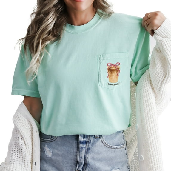 Verita Culture Womens Funny T Shirts On The Rock Iced Latte Coffee Pocket Summer Graphic Tee