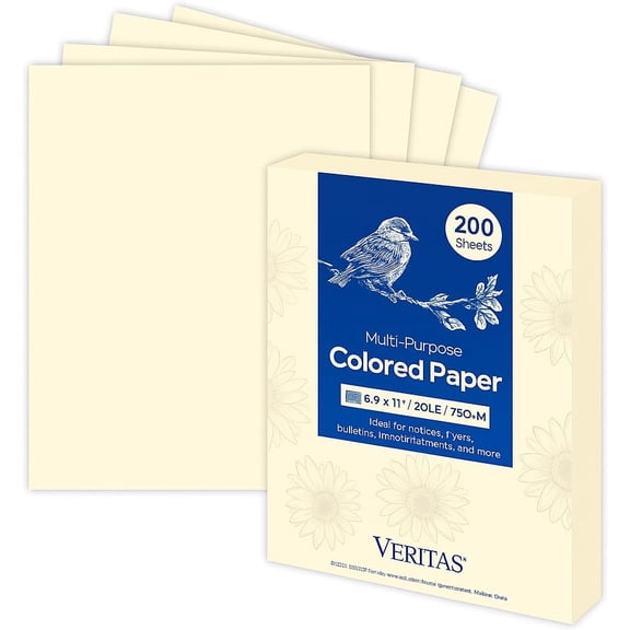 Veritas Colored Copy Paper, Cream Multi-Purpose paper,Colored Printer Paper 8.5 x 11, 20 lb / 75 GSM, Cream,200 Sheet, Made in USA