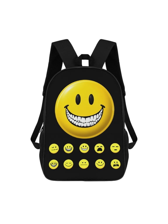 Smiley Face Graphic Backpack, 17 Inch Large Capacity School Bag with Adjustable Straps, Laptop Travel Daypack for Teens and Students