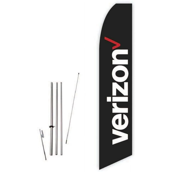 Verizon Black Super Novo Feather Flag - Complete with 15ft Pole Set and Ground Spike