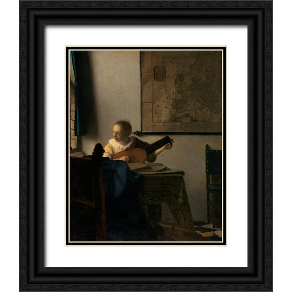 Vermeer, Johannes 12x14 Black Ornate Wood Framed with Double Matting Museum Art Print Titled - Young Woman with a Lute