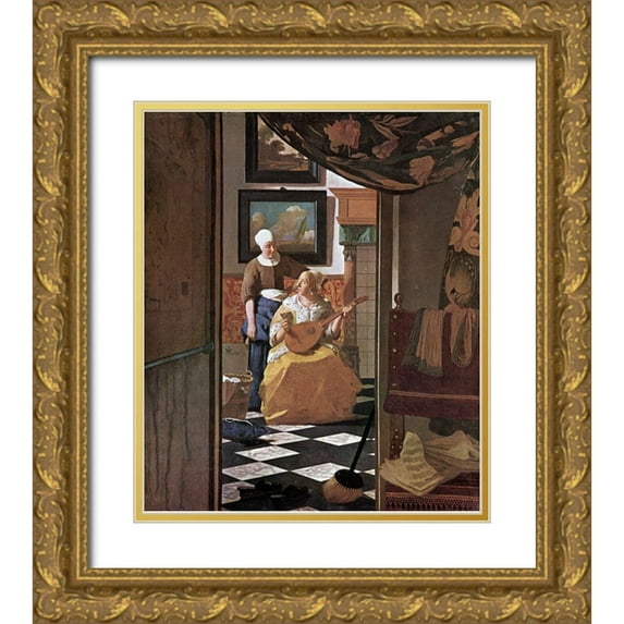 Vermeer, Johannes 12x14 Gold Ornate Wood Framed with Double Matting Museum Art Print Titled - The Love Letter
