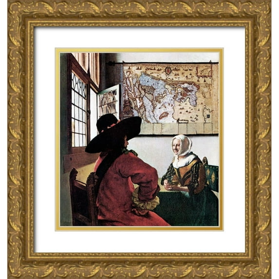 Vermeer, Johannes 20x21 Gold Ornate Wood Framed with Double Matting Museum Art Print Titled - Soldier And Young Girl Smiling