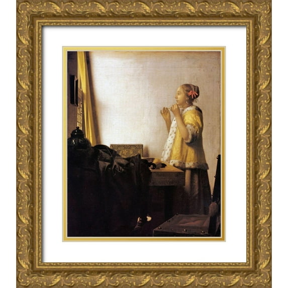 Vermeer, Johannes 26x31 Gold Ornate Wood Framed with Double Matting Museum Art Print Titled - Woman With A Pearl Necklace