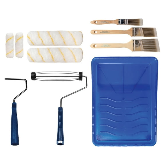 Vermeer Paint Roller Kit - 10-Piece All-in-One Plastic Tray with Rollers & Brushes Painting Set