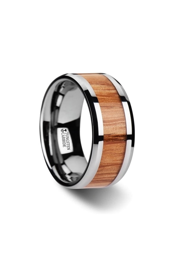 Vermillion Red Oak Wood Inlaid Tungsten Carbide Ring With Bevels 10mm