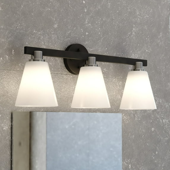 Vermont 3 Light Matte Black and Nickel Bathroom Vanity Fixture White Glass