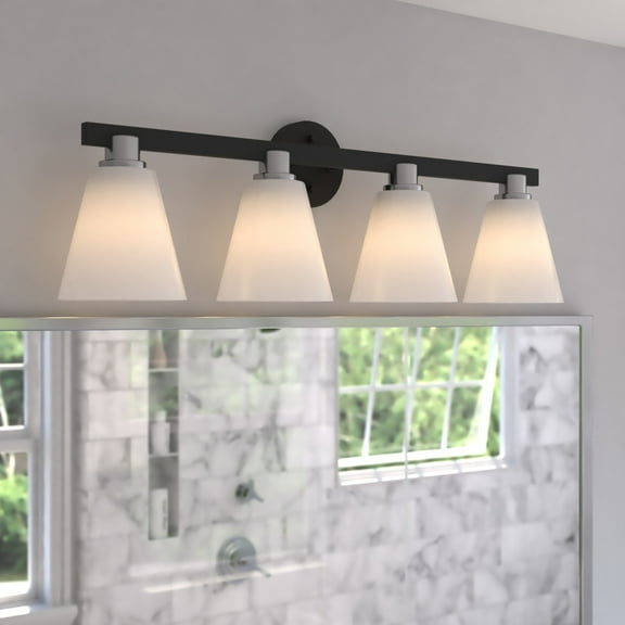 Vermont 4 Light Matte Black and Nickel Bathroom Vanity Fixture White Glass