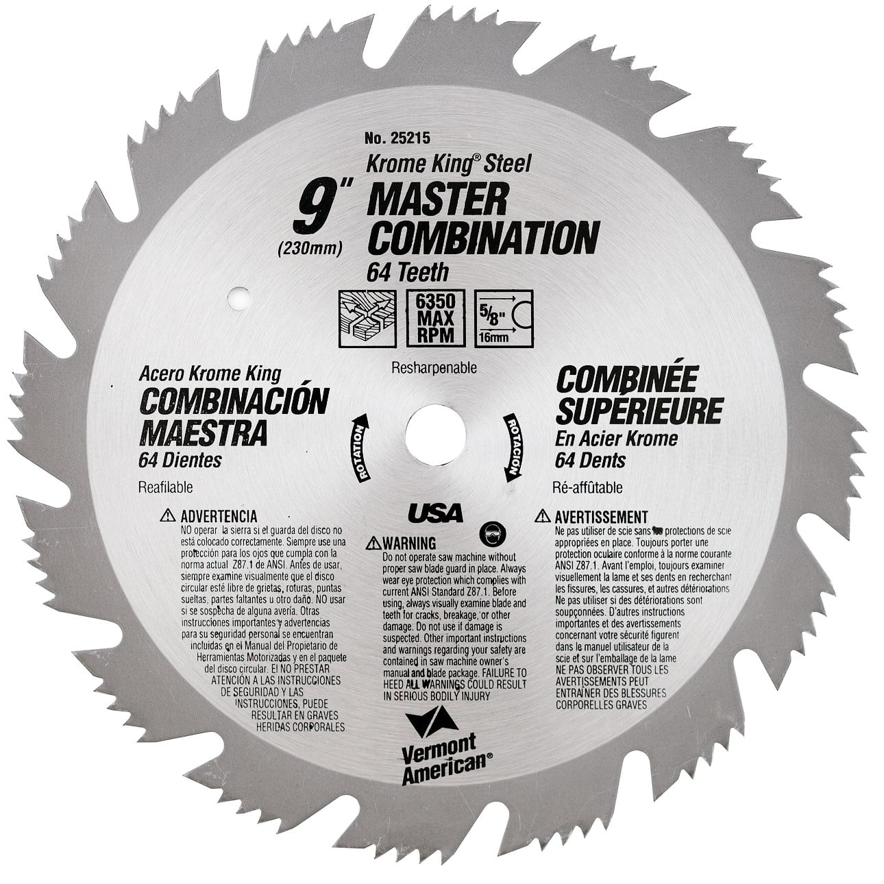 Vermont American 25215 9" 64T Krome King Master Combination Circular Saw Blade