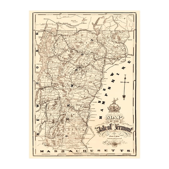 Vermont Art, 1890 Vintage Map of Vermont History Wall Decor Gift, Old Vermont Map - 18" x 24" Unframed Print
