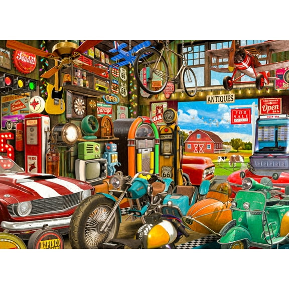 Vermont Christmas Company Antiques Garage Jigsaw Puzzle 1000 Piece - Vintage Themed Puzzle for Adults and Families - Fully Interlocking and Randomly Shaped Pieces