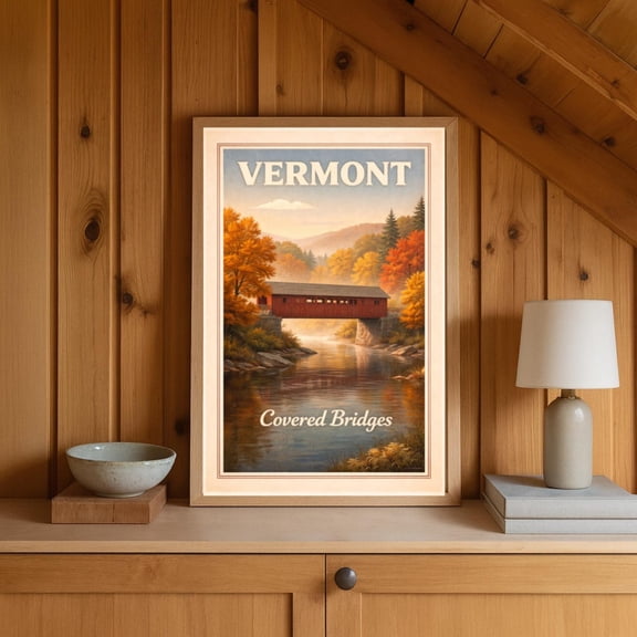 Vermont Covered Bridges Vintage Travel Wall Art Unframed Paper Print