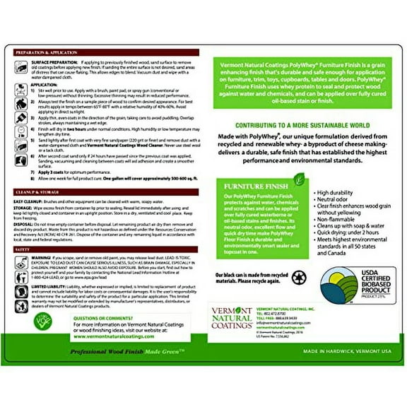 Vermont Natural Coatings PolyWhey Furniture Finish - Satin - Gallon