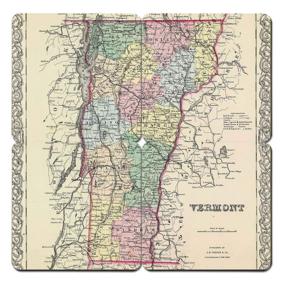 Torched Vermont Old World Map Coaster (Set of 4) 4"x4"x1/4" Multicolor