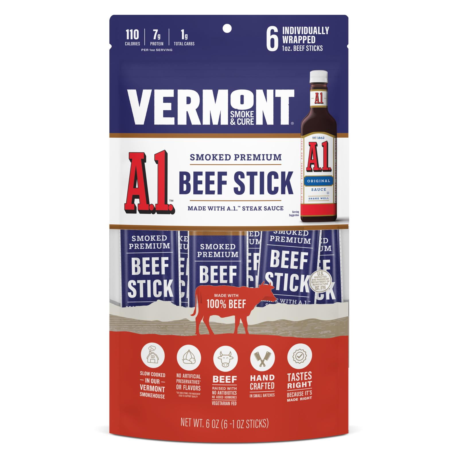 Vermont Smoke & Cure, A1 Premium Beef Stick 1oz, 6 Count Pouch