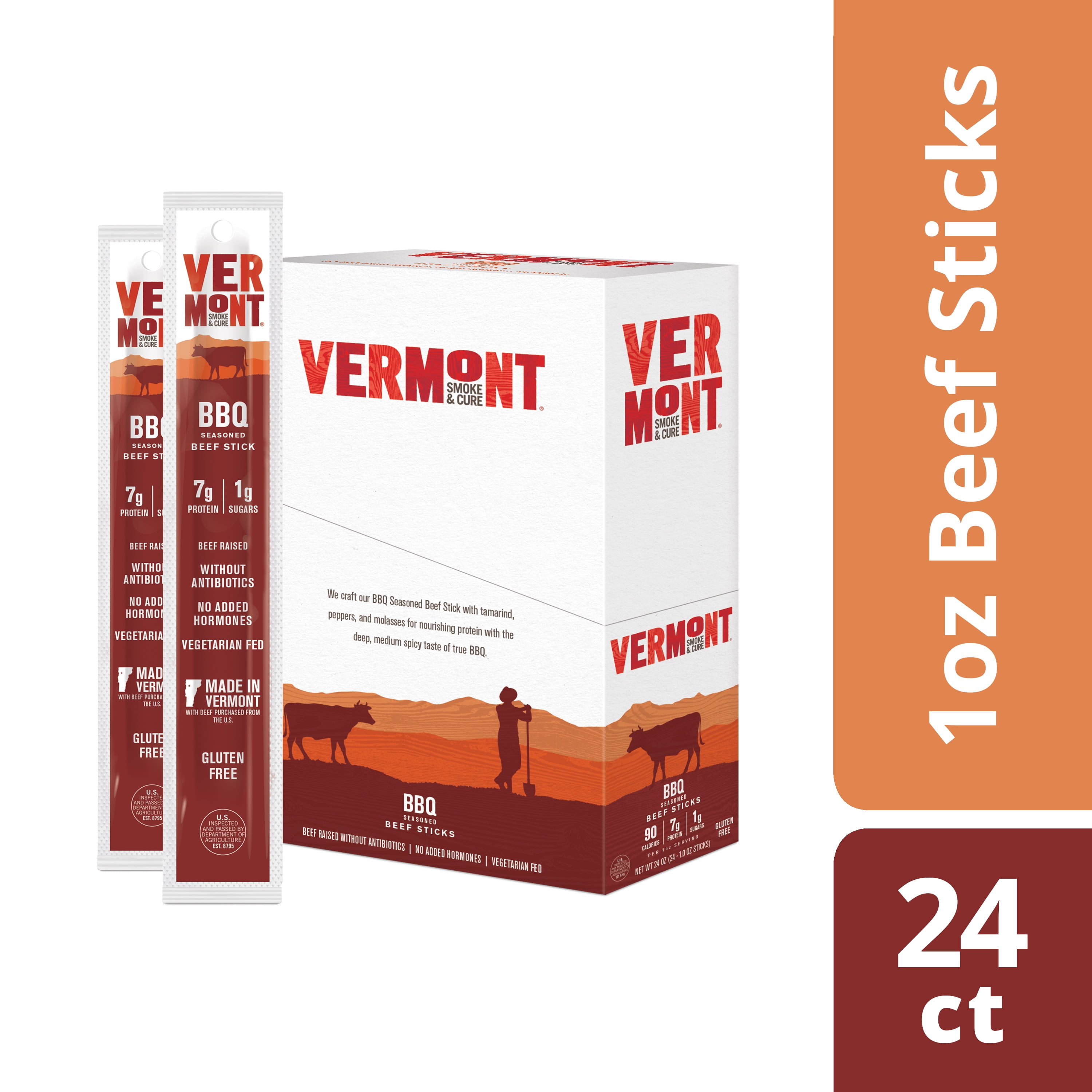 Vermont Smoke & Cure Meat Sticks, Beef, Antibiotic Free, Gluten Free, BBQ, 1oz Stick, 24 Count