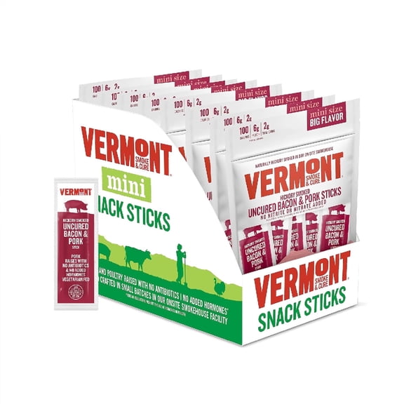 Vermont Smoke & Cure Bacon Pork Mini Meat Sticks .5oz Individually Wrapped Protein Snacks 8 Pouches