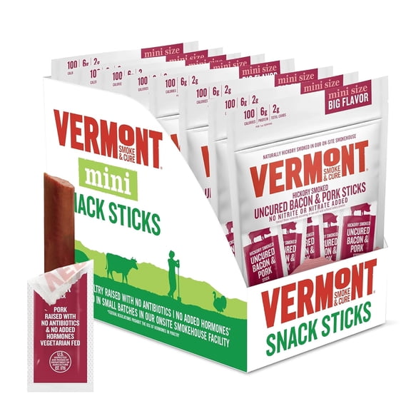 Vermont Smoke & Cure Bacon Pork Mini Meat Sticks .5oz Individually Wrapped Protein Snacks 8 Pouches