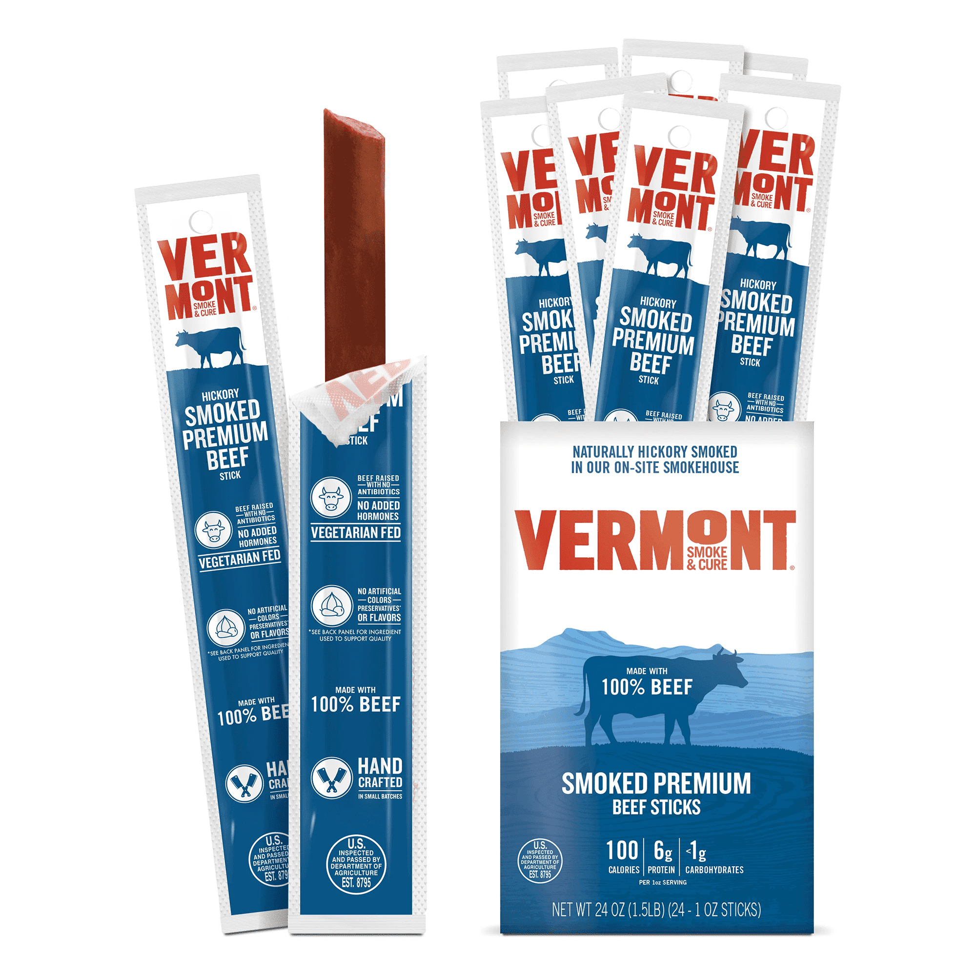 Vermont Smoke & Cure Hickory Smoked Beef Sticks 1oz Individually Wrapped Premium Protein Snacks 24Ct