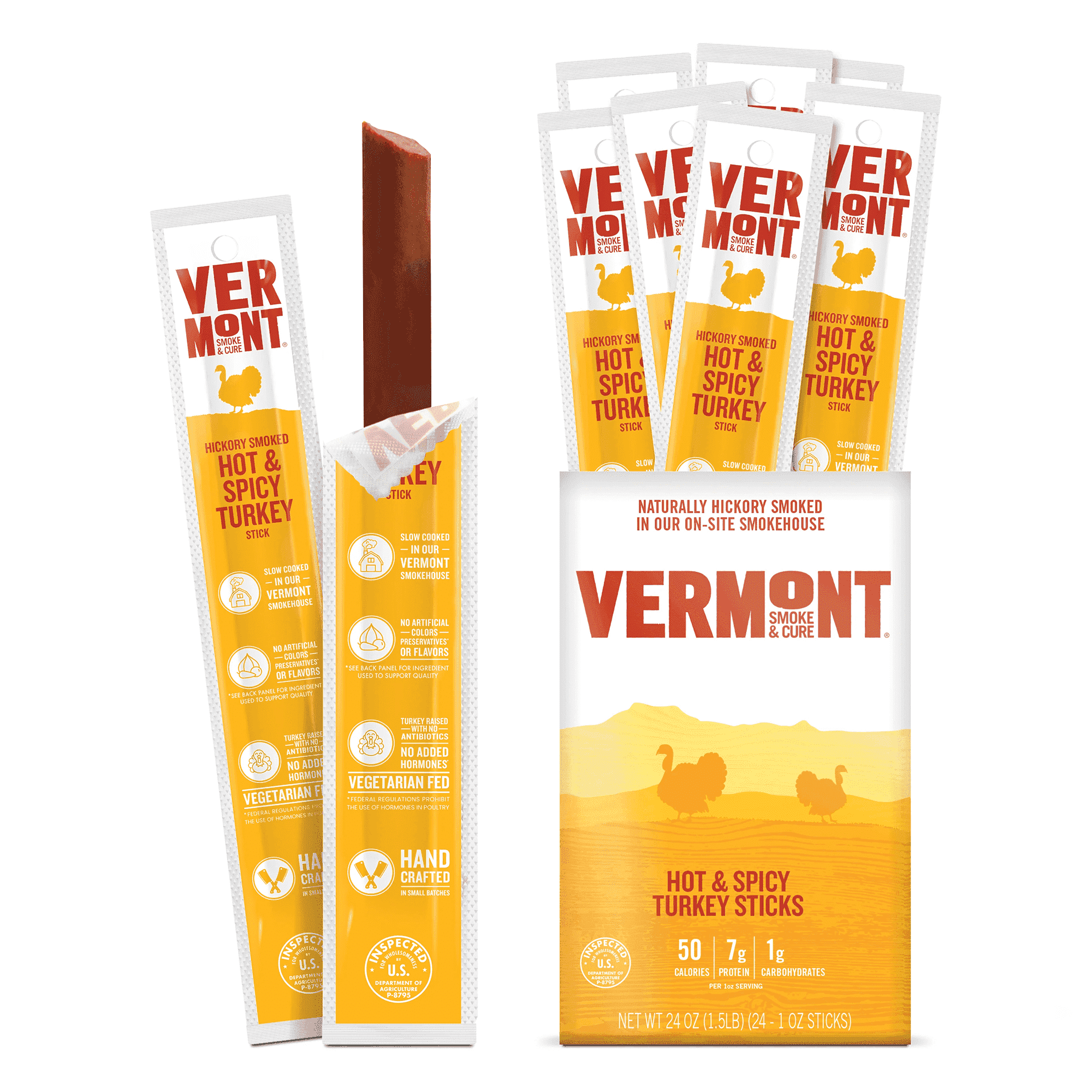Vermont Smoke & Cure Hot and Spicy Turkey Sticks 1 oz Individually Wrapped Protein Snacks 24 Ct