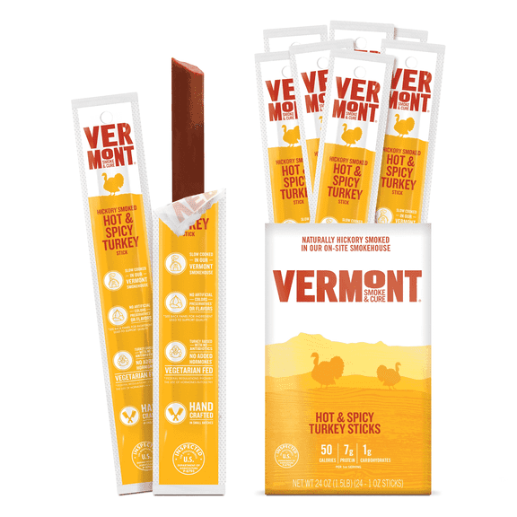 Vermont Smoke & Cure Hot and Spicy Turkey Sticks 1 oz Individually Wrapped Protein Snacks 24 Ct