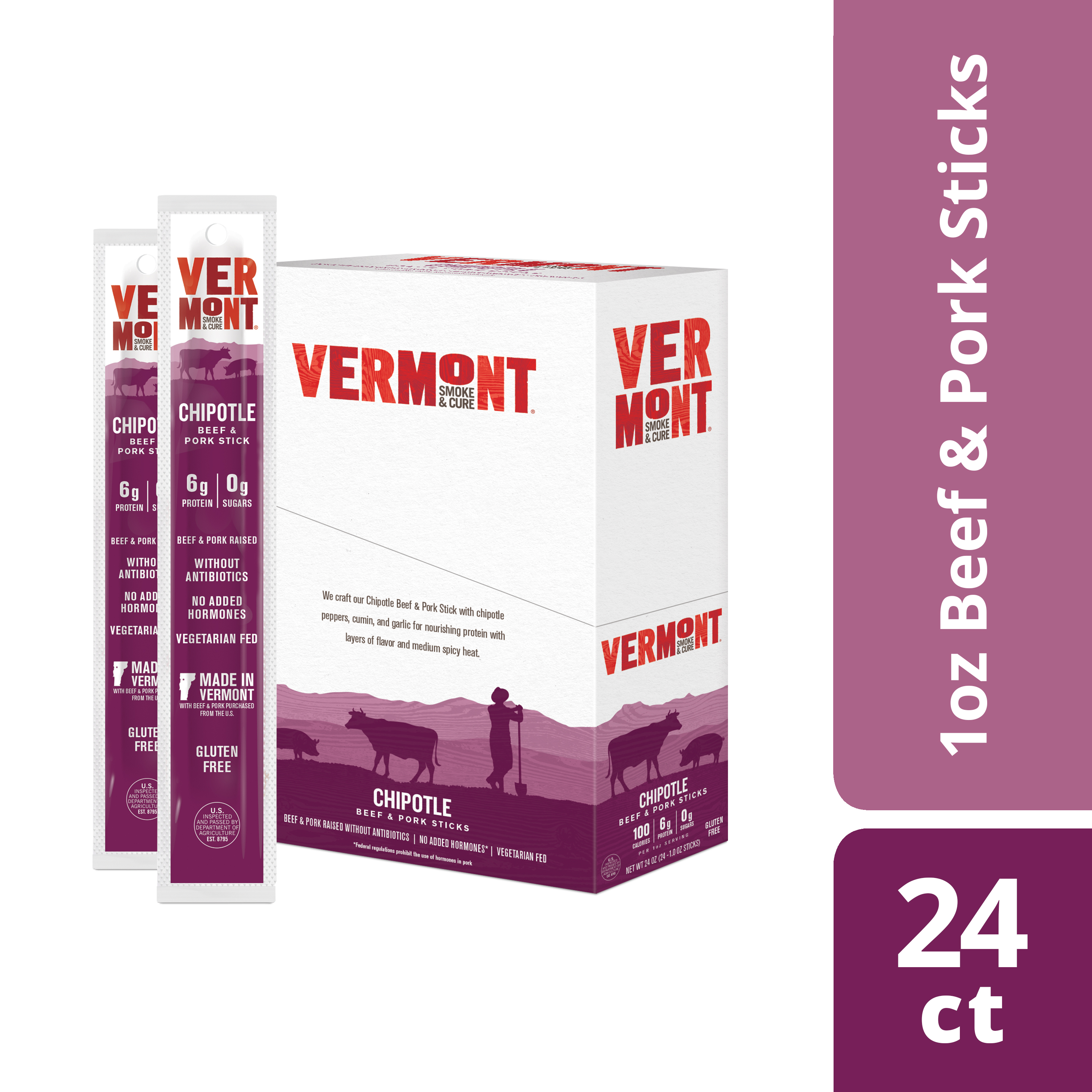 Vermont Smoke & Cure Meat Sticks, Beef & Pork, Antibiotic Free, Gluten