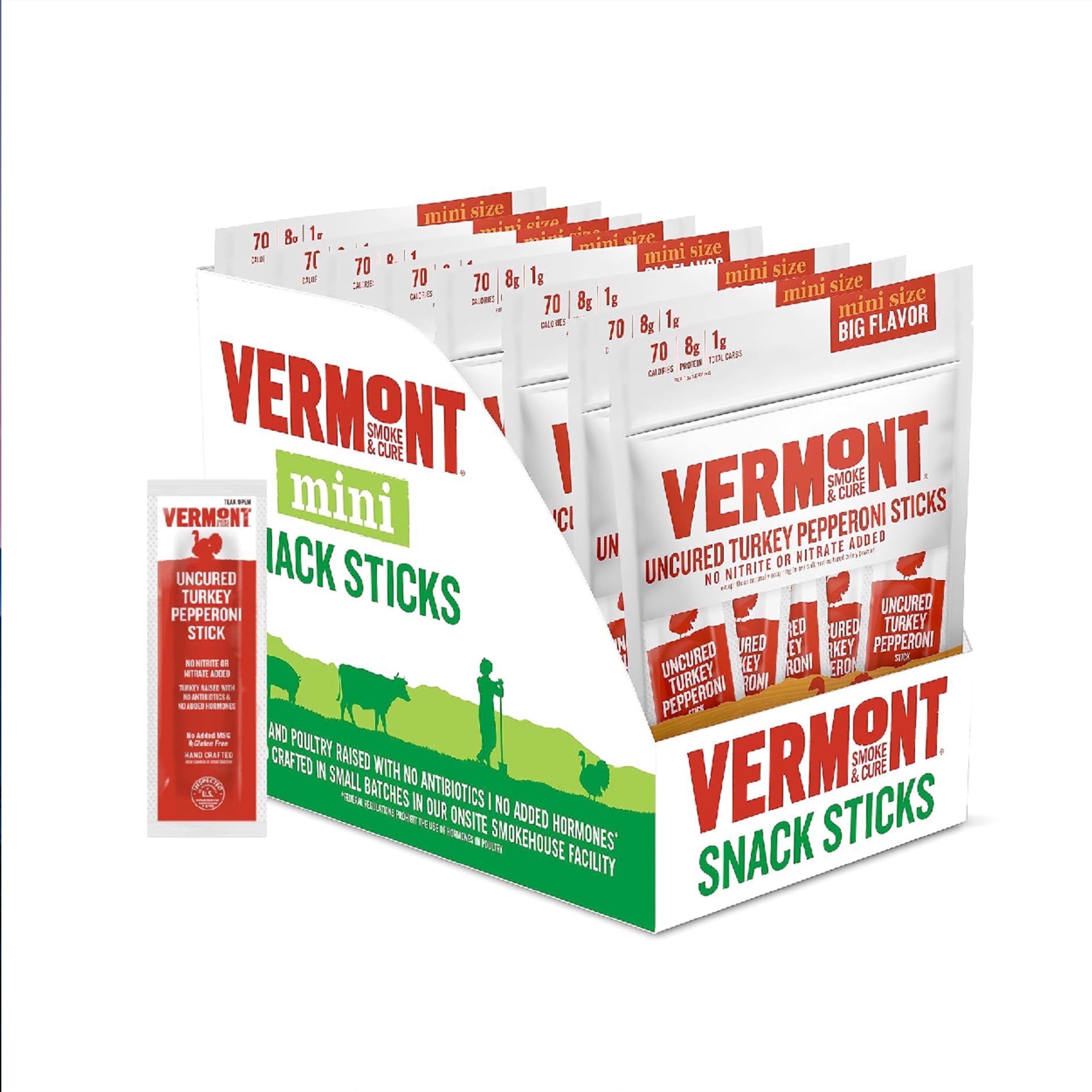 Vermont Smoke & Cure Turkey Pepperoni Mini Meat Sticks Individually Wrapped Protein Snacks 8 Pouches