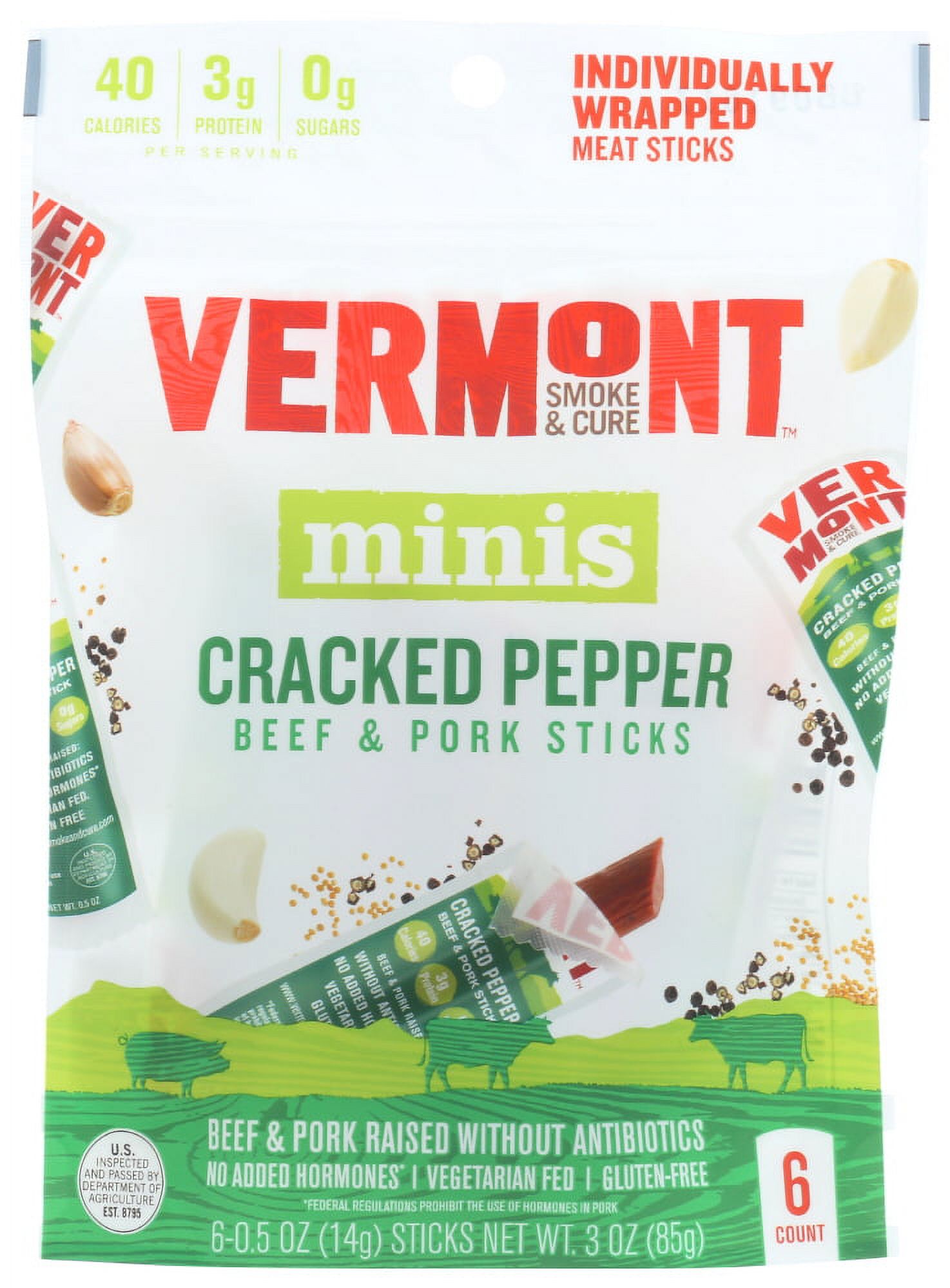 Vermont Smoke & Cure Minis Cracked Pepper Beef & Pork Sticks, 0.5 oz, 6 Count - image 1 of 6