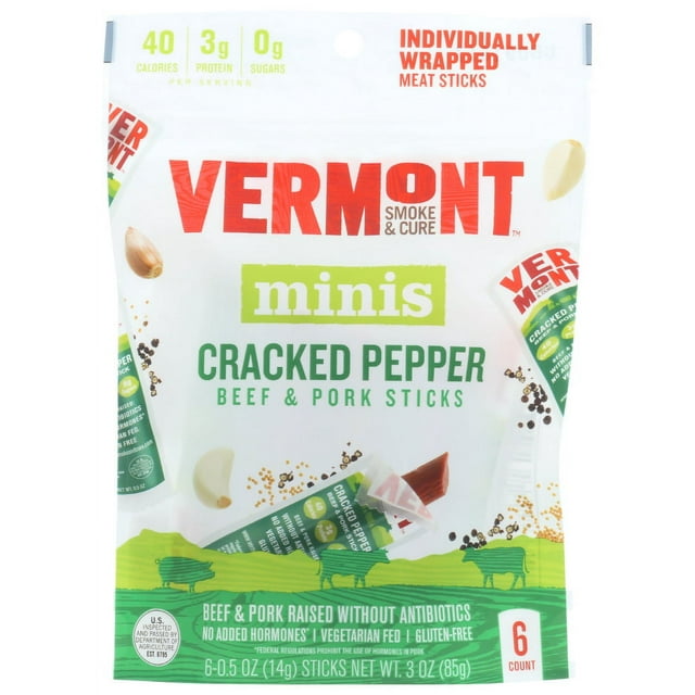 Vermont Smoke & Cure Minis Cracked Pepper Beef & Pork Sticks, 0.5 oz, 6 Count