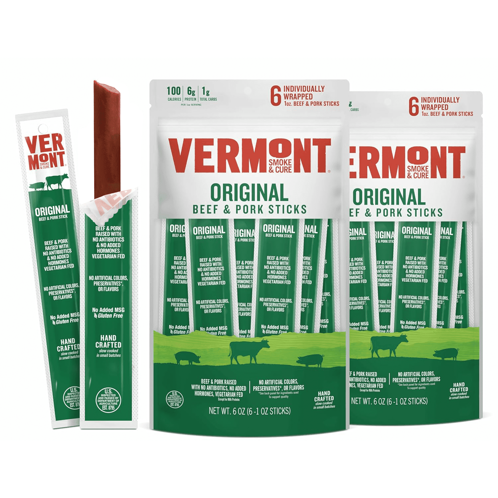 Vermont Smoke & Cure Original Beef and Pork Beef Sticks Individually Wrapped Protein Snacks 6Ct, 2Pk