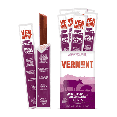 Vermont Smoke & Cure Smoked Chipotle Beef and Pork Sticks 1oz Individually Wrapped Protein Snacks 24Ct