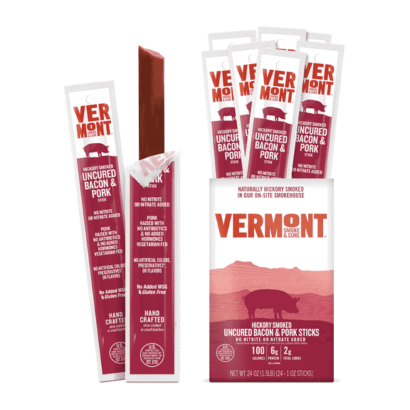 Vermont Smoke & Cure Uncured Bacon Pork Hickory Smoked 1oz Jerky Stick 24 Ct