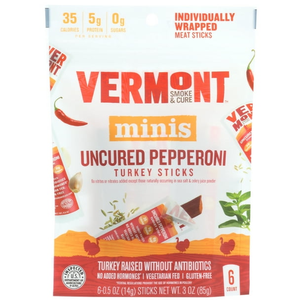 Vermont Smoke & Cure, Uncured Pepperoni Turkey Sticks, 0.5 oz, 6 Count
