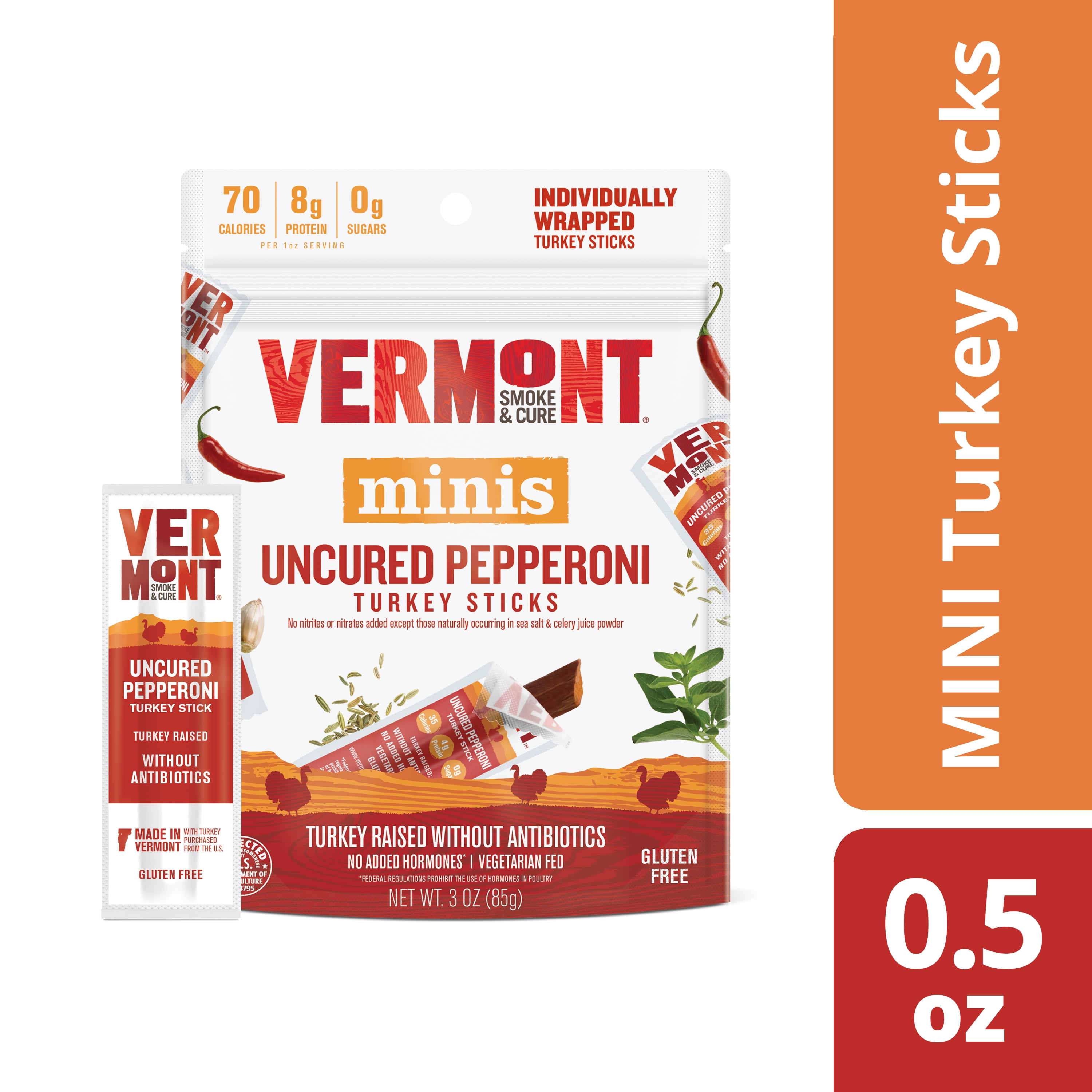 Vermont Smoke & Cure Minis Uncured Pepperoni Turkey Sticks - 6 CT