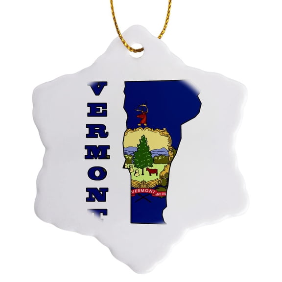 3drose, Vermont State Flag in the Outline Map and Letters for Vermont, 3 inch Snowflake Porcelain Ornament