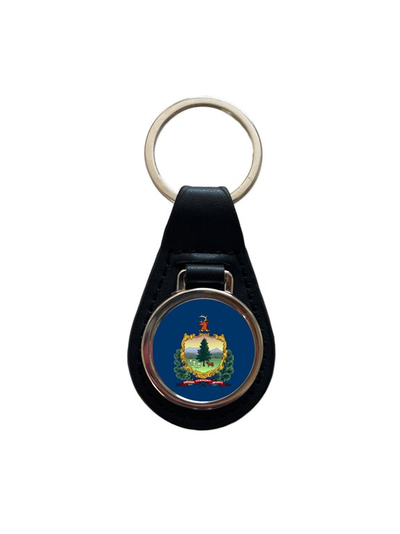 Vermont VT State Flag Metal Black Leather Keychain