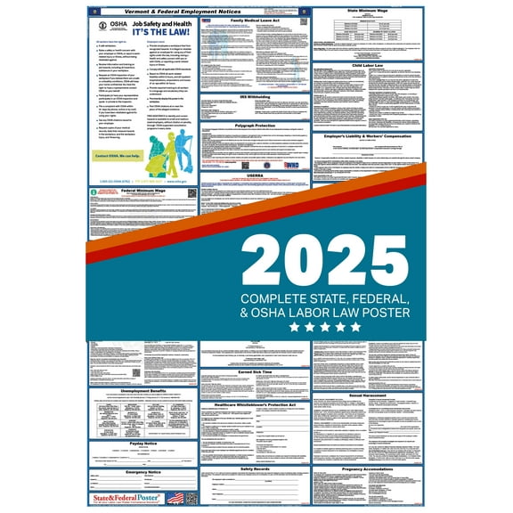 Vermont and Federal Labor Law Poster 2025 , All In One | English-Paper