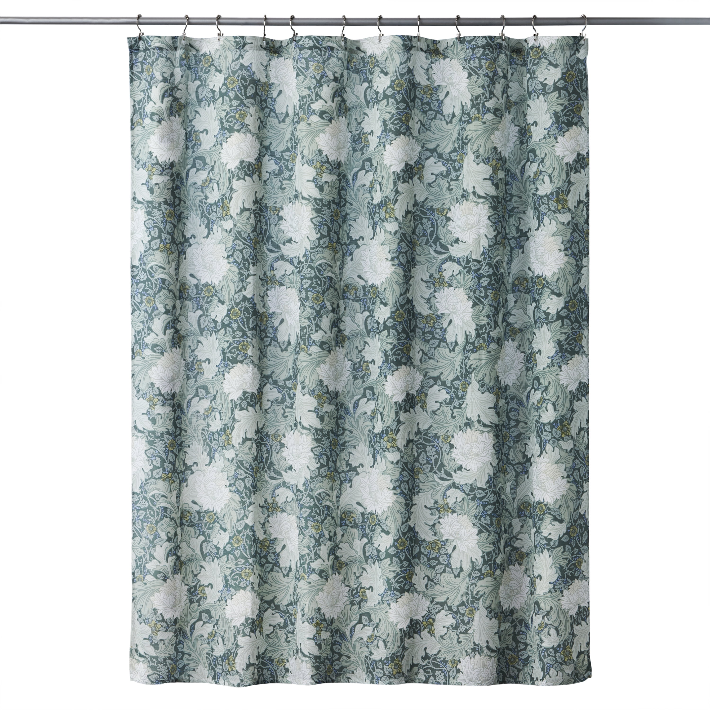 Green and White Floral Fabric Shower Curtain with Grommets