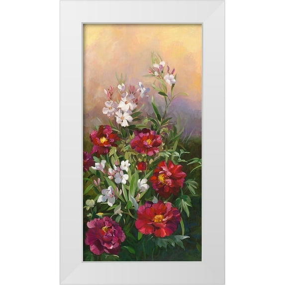 Vernageau, Sylvie 11x18 White Modern Wood Framed Museum Art Print Titled - Pivoines rouges et laurier