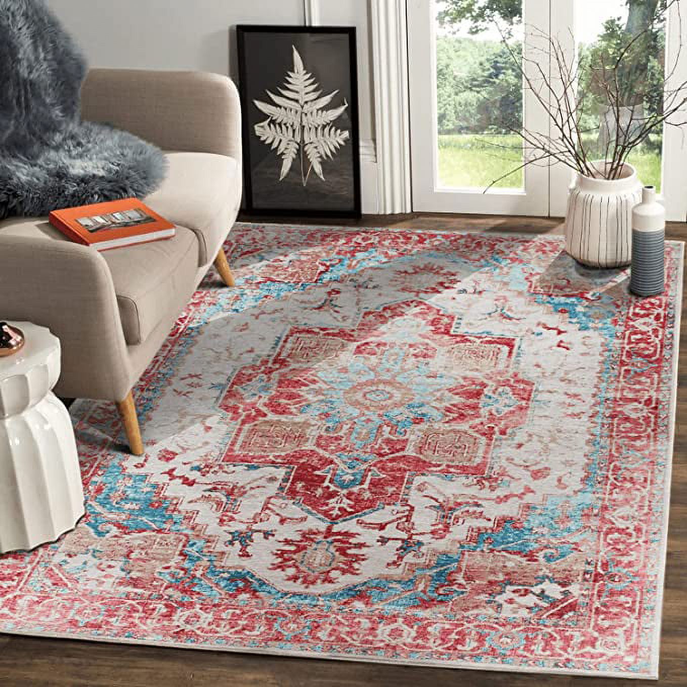 Vernal Elden Grey, Red and Blue Machine Washable Rug – Green Decore US