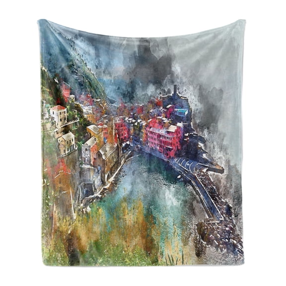 Vernazza Soft Flannel Fleece Throw Blanket, Digitally Generated Watercolor Effect Aerial Vista of Italian Coastal Village, Cozy Plush for Indoor and Outdoor Use, 50" x 60", Multicolor, by Ambesonne