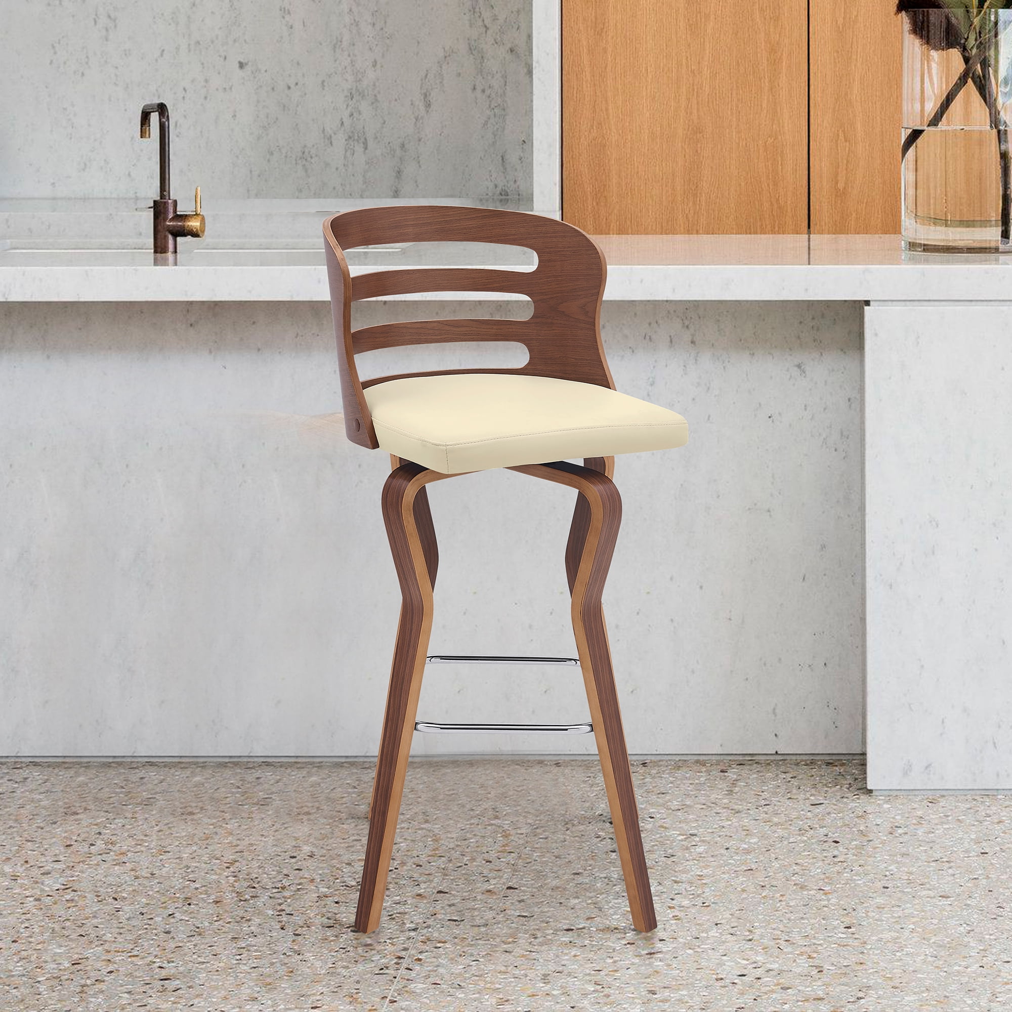 Verne 30" Swivel Cream Faux Leather and Walnut Wood Bar Stool - Walmart.com