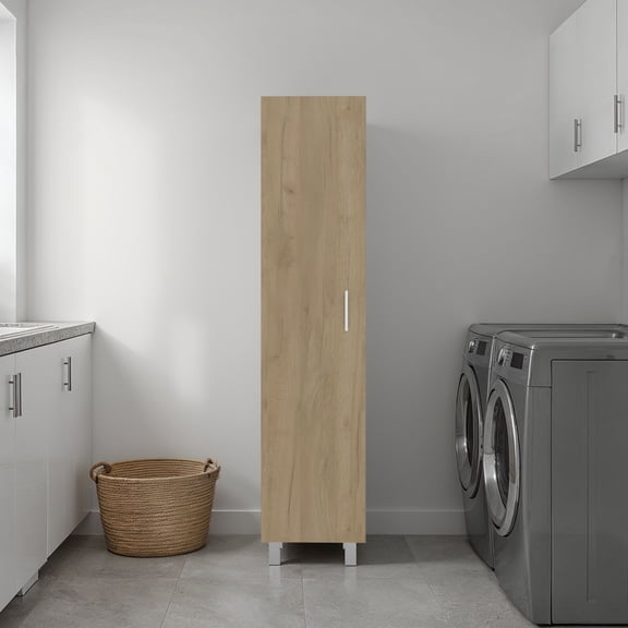 Vernon Slim Storage Cabinet with 4-Tier Shelf and Broom Hangers, Natural Oak
