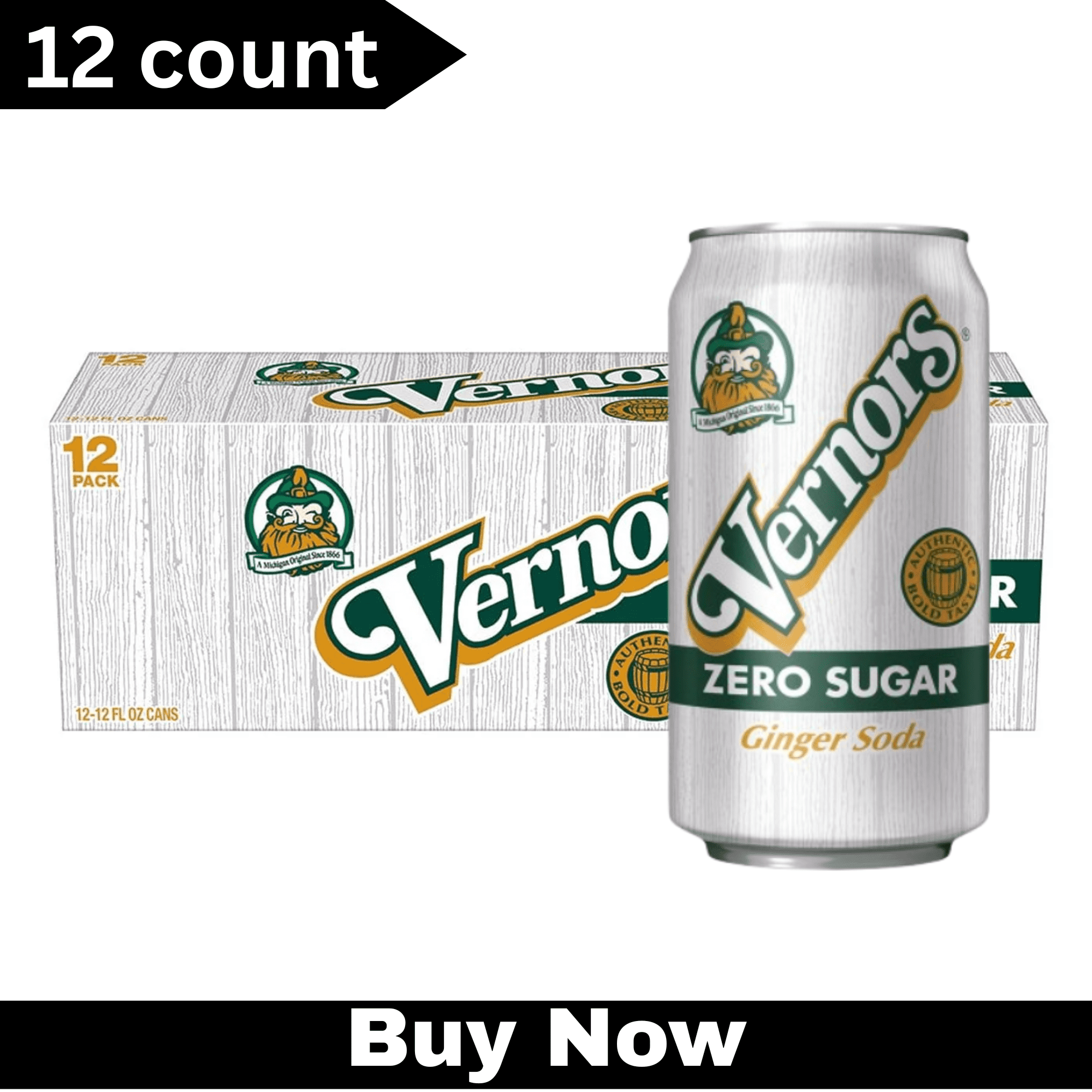 Vernors Zero Sugar Ginger Ale Soda Pop – 12 fl oz Cans, 12 Pack – Crisp & Refreshing Sugar-Free Soft Drink