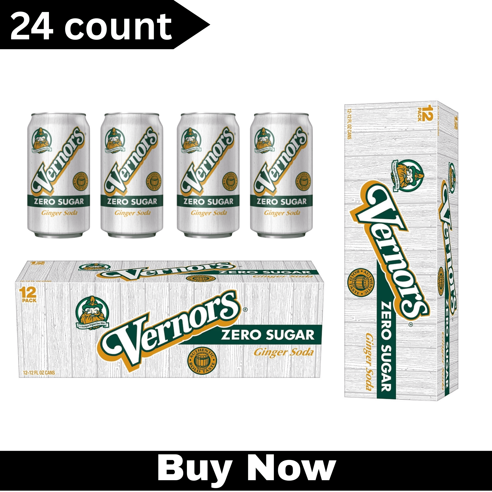 Vernors Zero Sugar Ginger Ale Soda Pop – 12 fl oz Cans, 24 Pack – Crisp & Refreshing Sugar-Free Soft Drink
