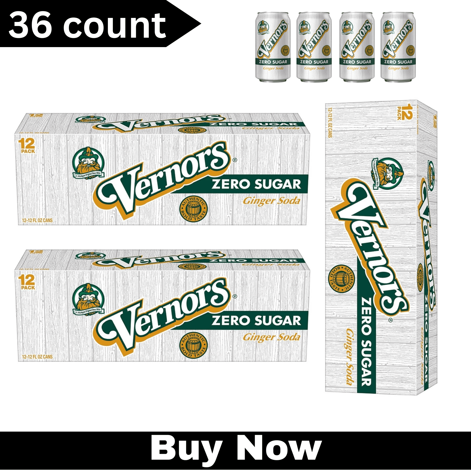 Vernors Zero Sugar Ginger Ale Soda Pop – 12 fl oz Cans, 36 Pack – Crisp & Refreshing Sugar-Free Soft Drink
