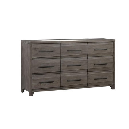 Vero 67 Inch 9 Drawer Dresser, Elongated Metal Handles, Saw Marks, Brown