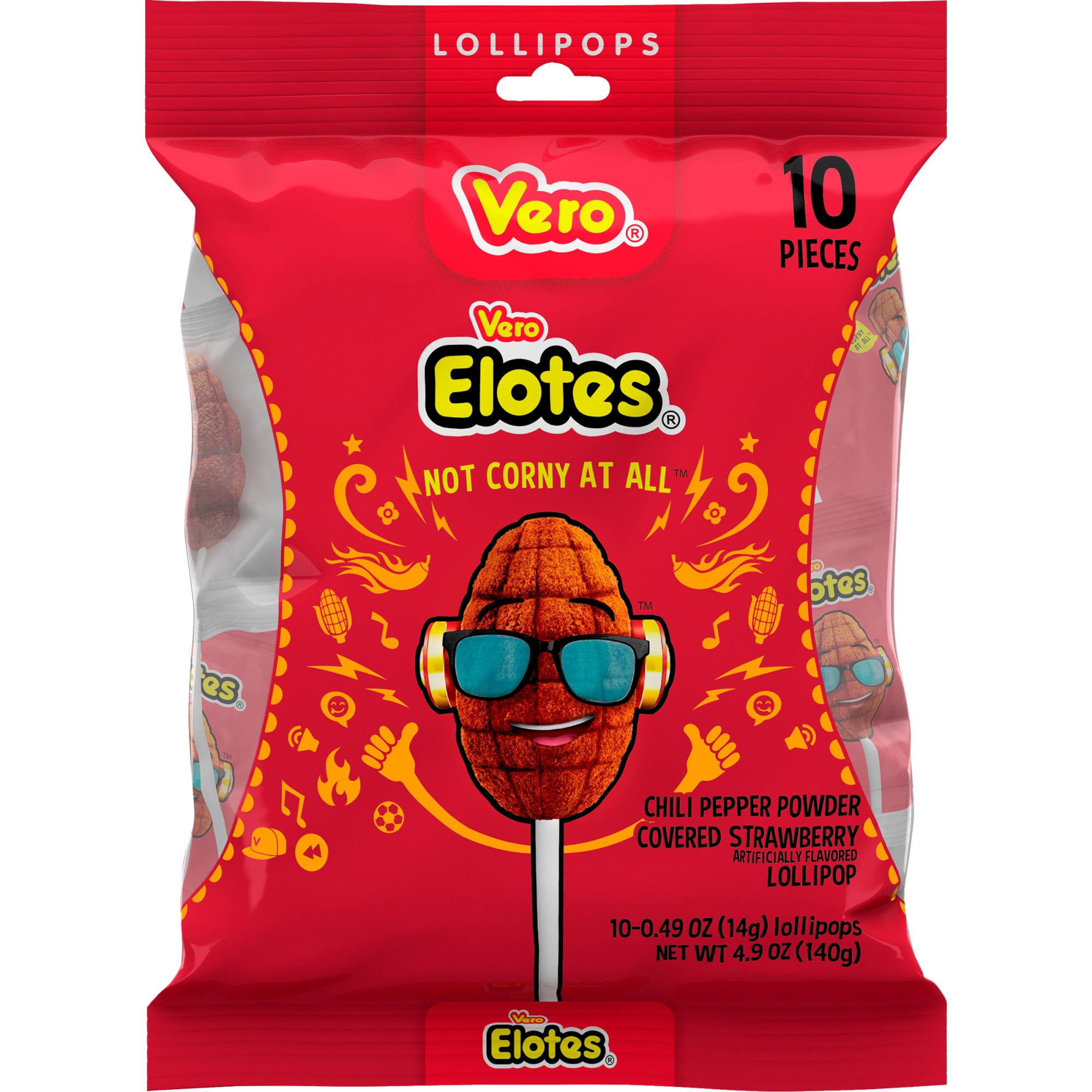 Vero Elotes Strawberry Candy Lollipops with Chili Pepper Powder, 10