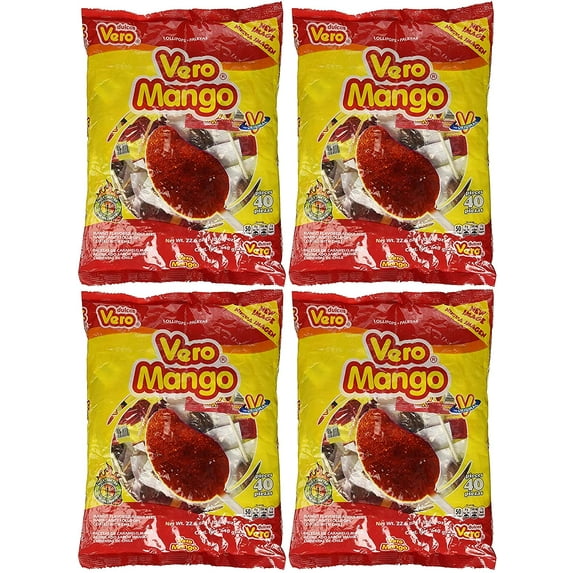 Vero Mango Flavor Hard Candy Lollipops, Coated with Chili, 22.6 oz. Bags (Pack of 4)