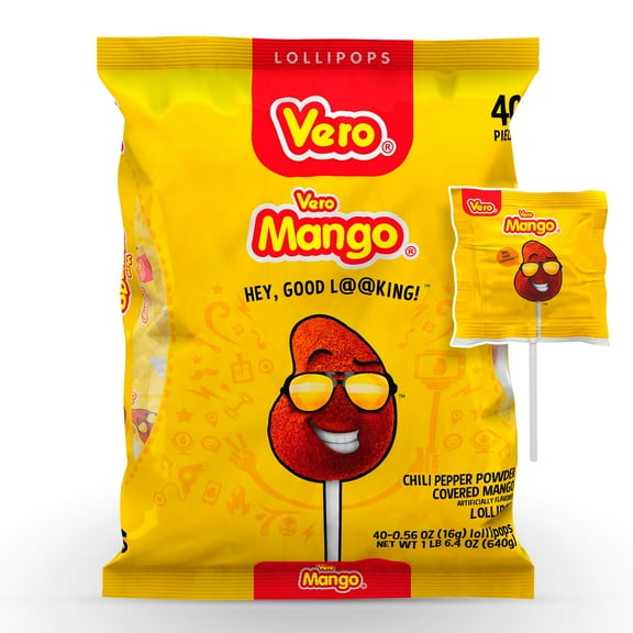 Vero Mango Lollipops Coated AKF18 with Chili Powder, Hot and Sweet Candy Treat, Artificially Flavored, Net Wt. 1.39 Pound, 40 Count Bag